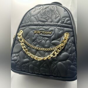 Betsey Johnson Black Quilted Heart Backpack with Gold Chain 11x13x6”